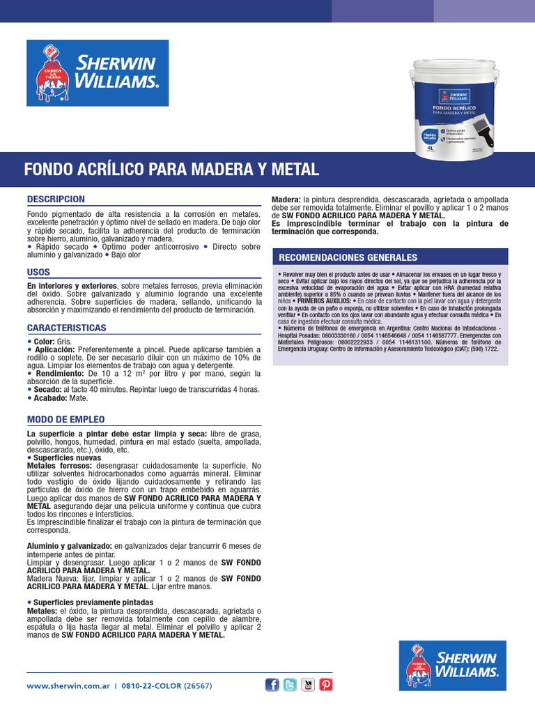 Sherwin Williams Acrilico para Maderas y Metal PDF | PDF | Pintar | Hierro