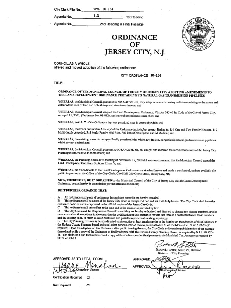 Jersey City Ordinance Banning Natural Gas Pipelines in Certain