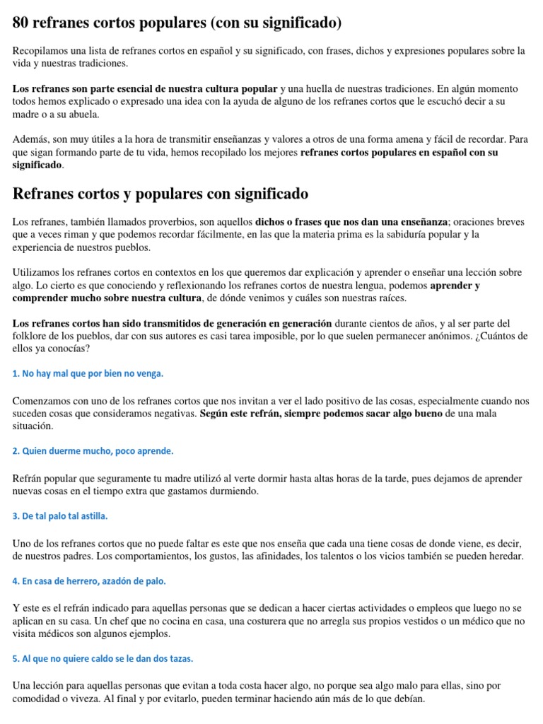 80 Refranes Cortos Populares Con Su Significado Pdf Humor Folklore