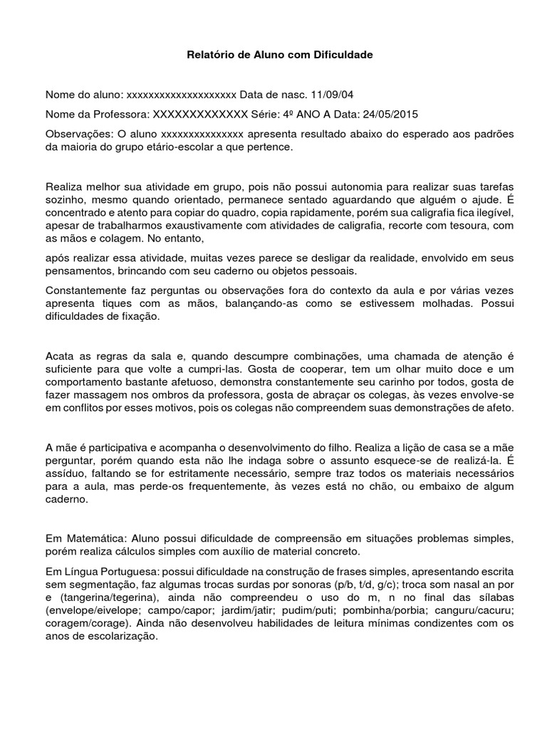 Relatorio de Aluno Com Dificuldade | Download grátis PDF | Patologia da ...