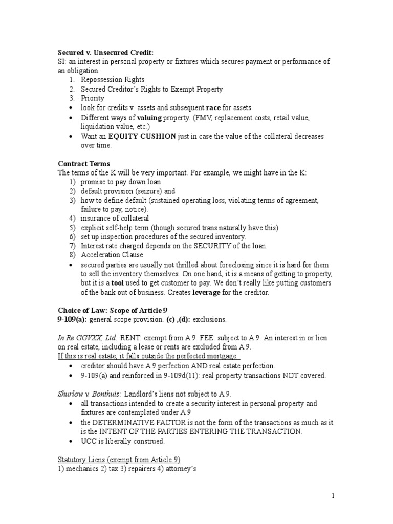 Secured Transactions Outline | PDF | Security Interest | Lease