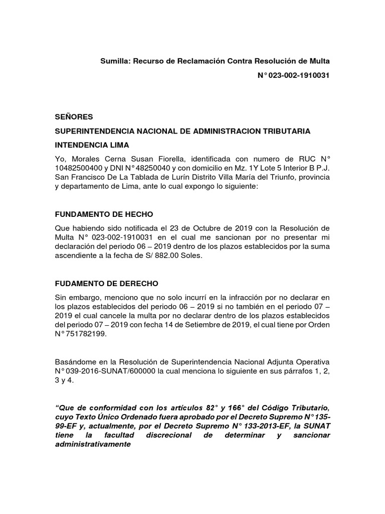 Reclamacion Contra Multa Virtud Política