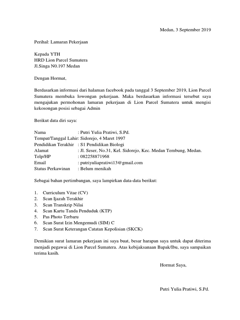 Surat Lamaran Lion Parcel