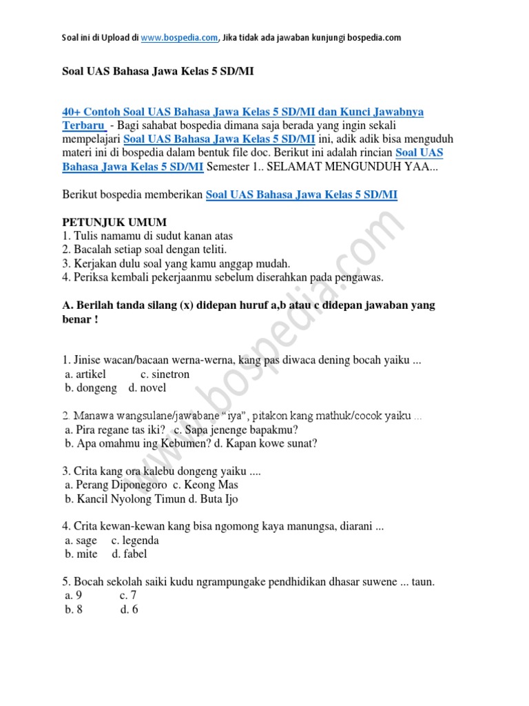 Soal Dan Jawaban Bahasa Jawa Kelas 6 Soal Dan Jawaban Bahasa Jawa Kelas 6