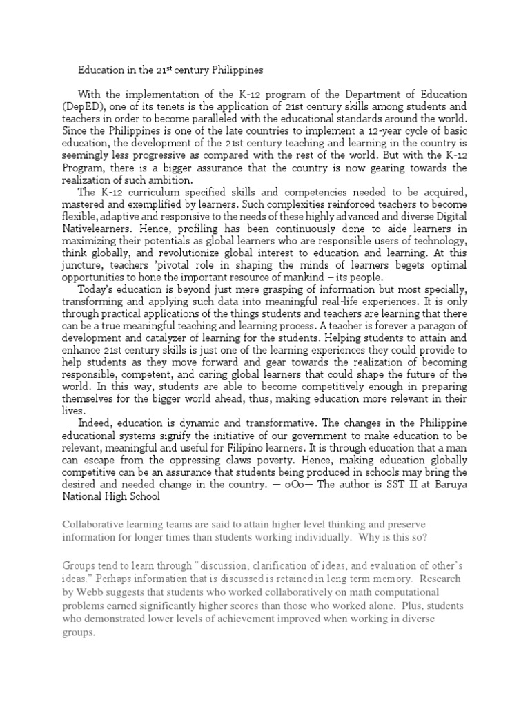 Education in The 21st Century Philippines | PDF | Learning | Behavior ...