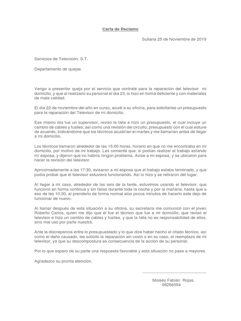 Carta De Reclamo Violencia Agitacion