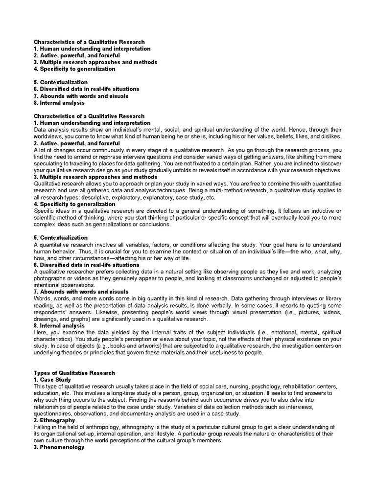 Characteristics and Types of Qualitative Research PDF Qualitative