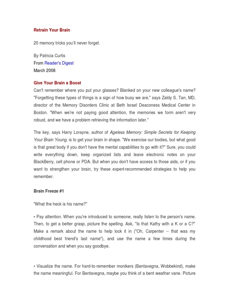 Memory Tricks for Brain Boosting | PDF | Memory | Brain