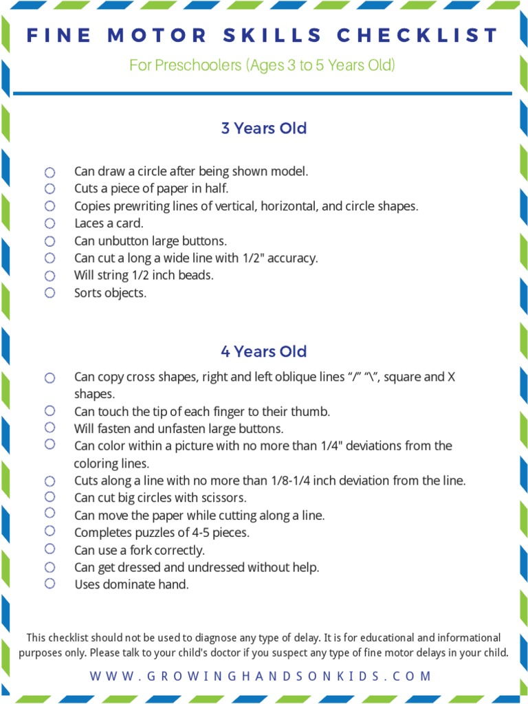Fine Motor Skills Checklist for Preschoolers | PDF | Home & Garden
