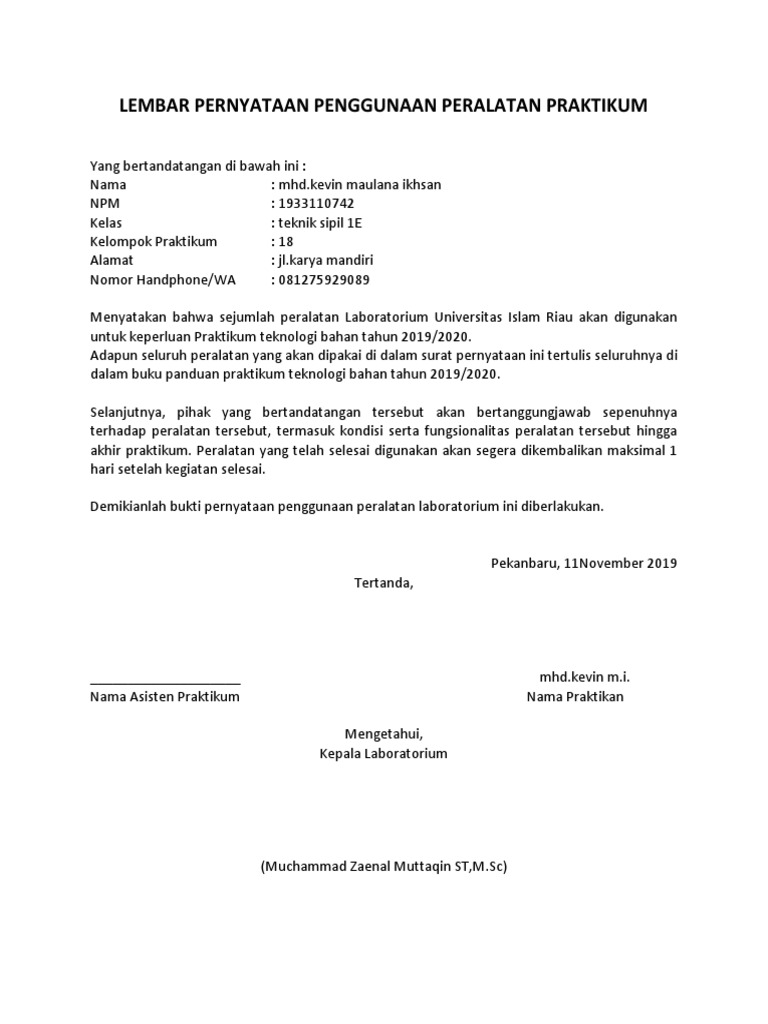 Contoh Surat Pernyataan Penggunaan Alat