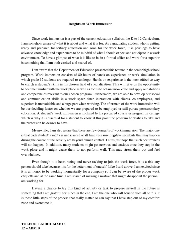 Insights on Work Immersion.docx Psychology & Cognitive Science