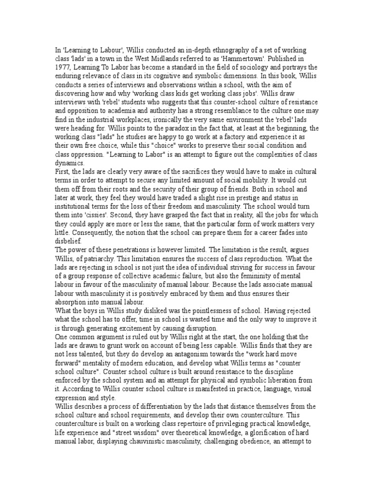 LEARNING TO LABOUR, Paul Willis PDF Psychological Concepts