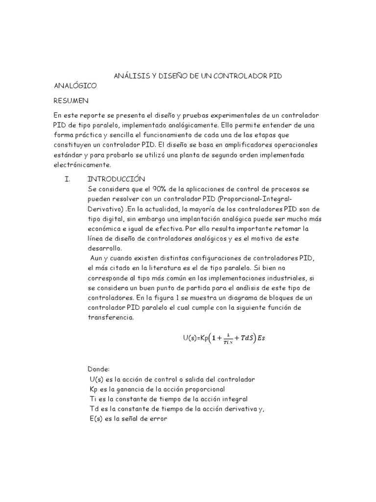 Análisis y Diseño de Un Controlador Pid Analógico | PDF | Amplificador ...