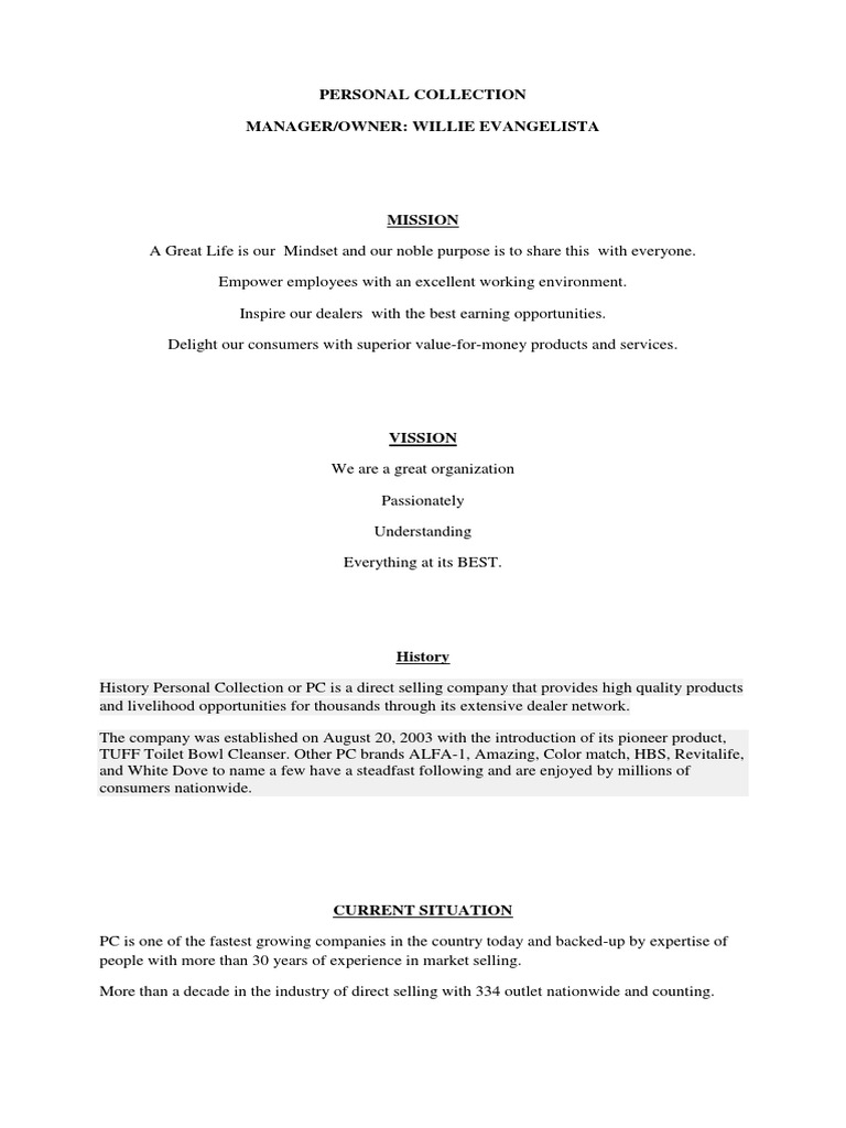 Personal Collection Company Overview | PDF | Sales | Economies