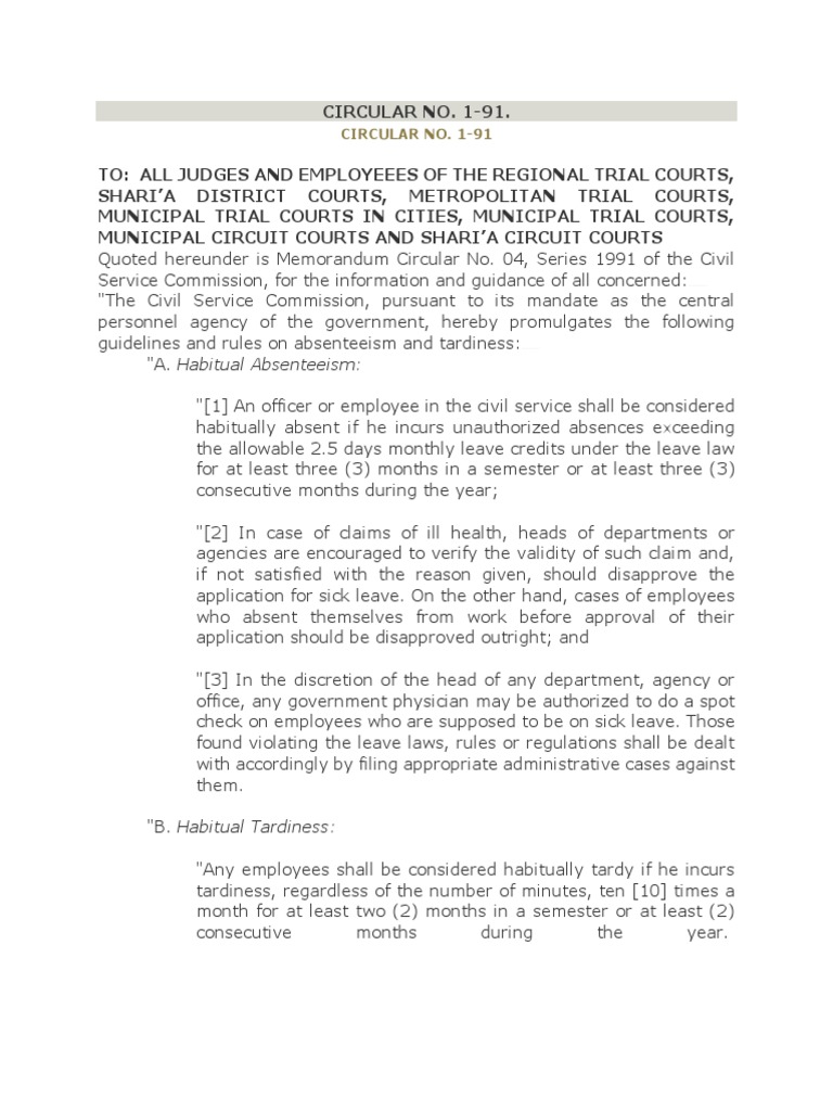 CIRCULAR NO. 191 (Guidelines On Habitual Tardiness & Absenteeism