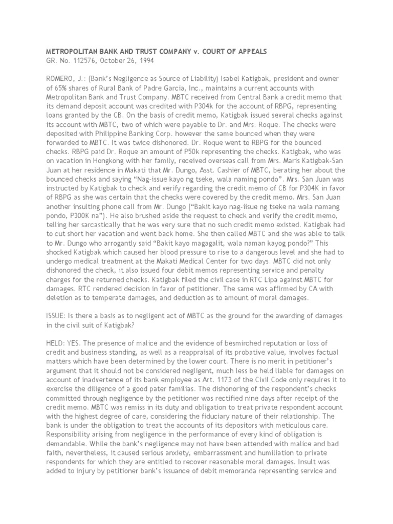 MBTC Negligence in Check Handling | PDF | Negligence | Debits And Credits