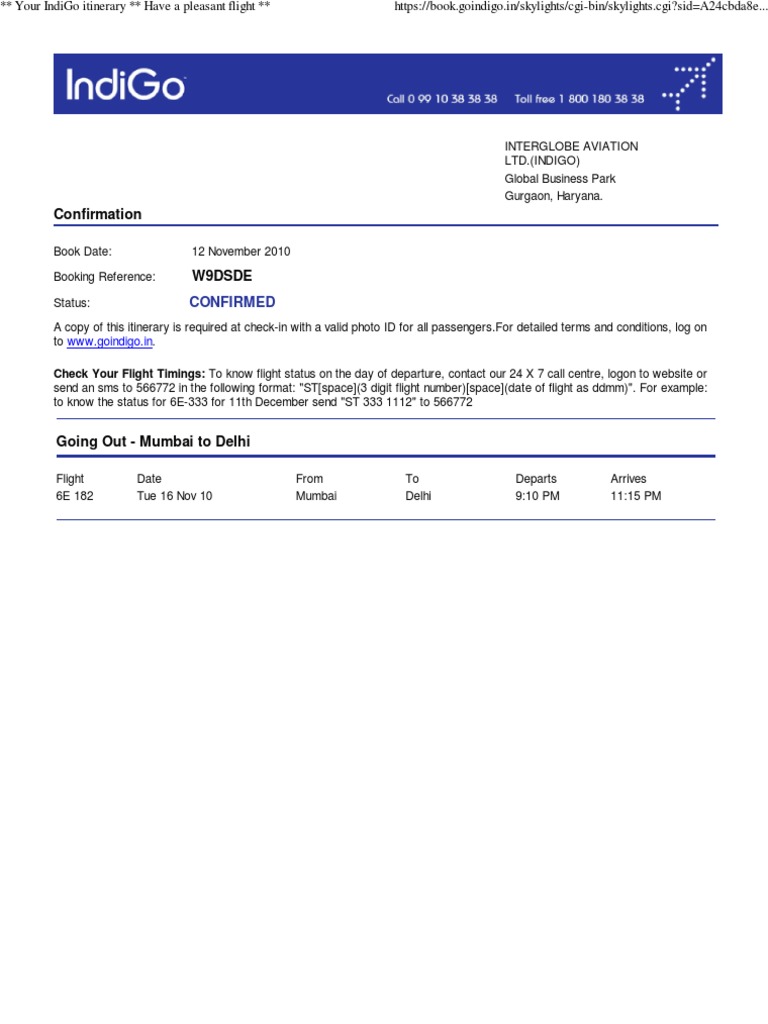 Your IndiGo Itinerary .. Airlines Aviation