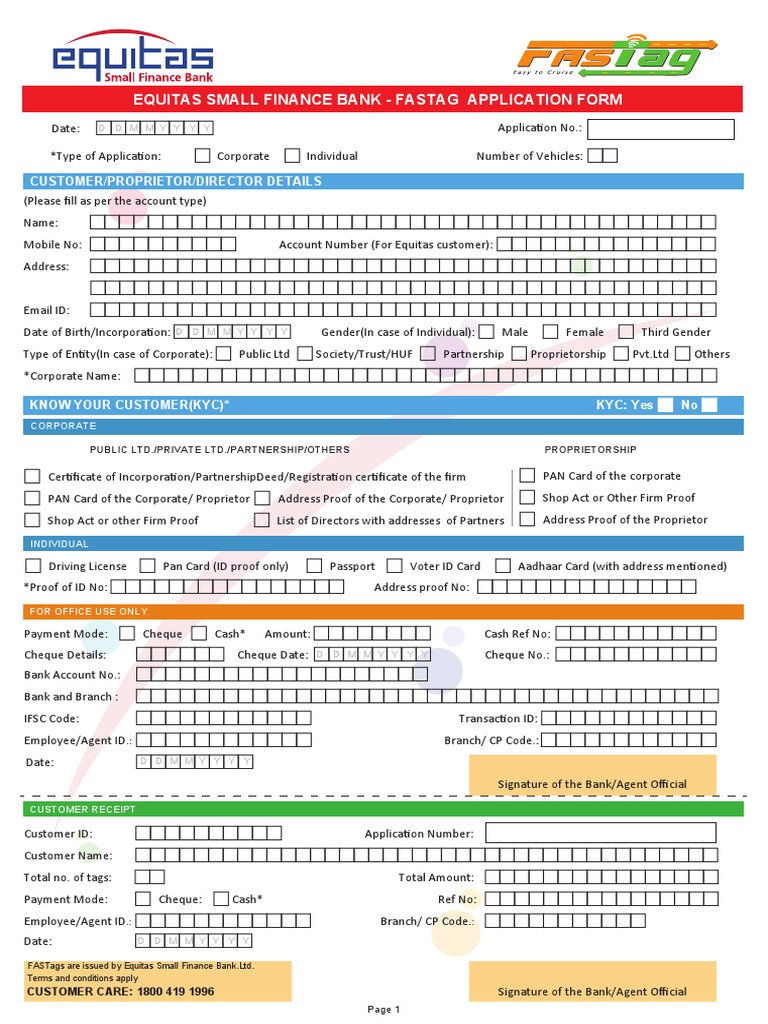 Fast Tag Application Form 9 10 17 Pdf Banks Fee