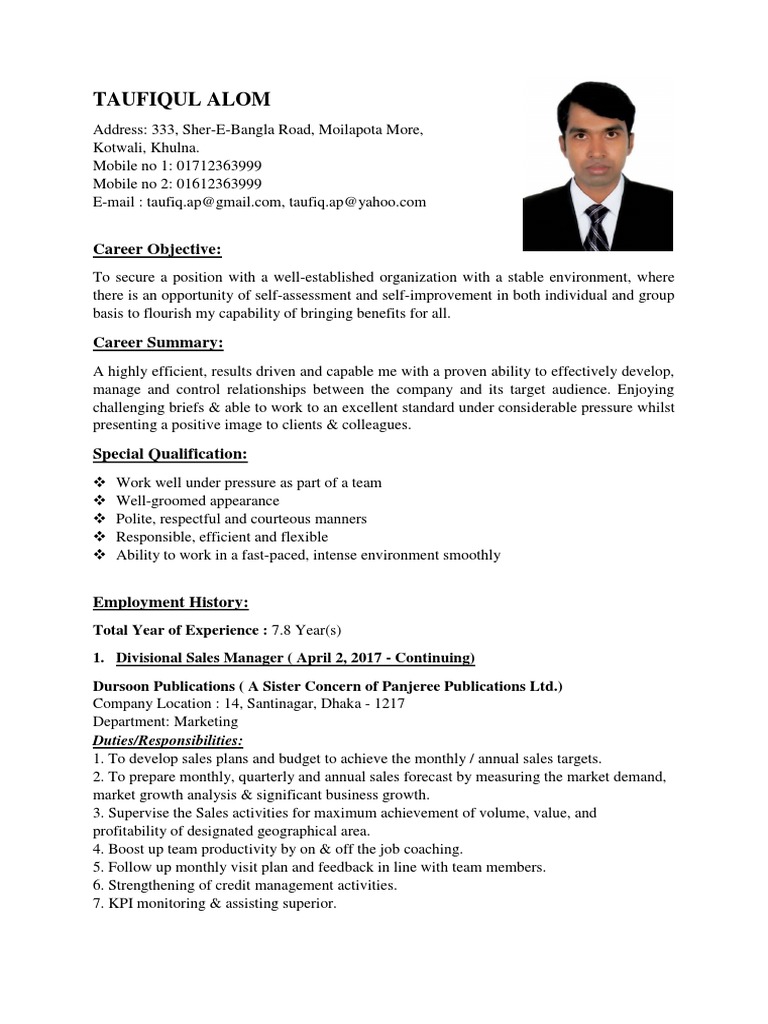 Standard CV Format for Bangladesh | PDF | Sales | Bangladesh