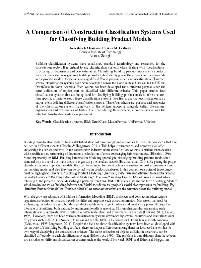 Construction Classification System Comparison (2016) K. Afsari, C ...