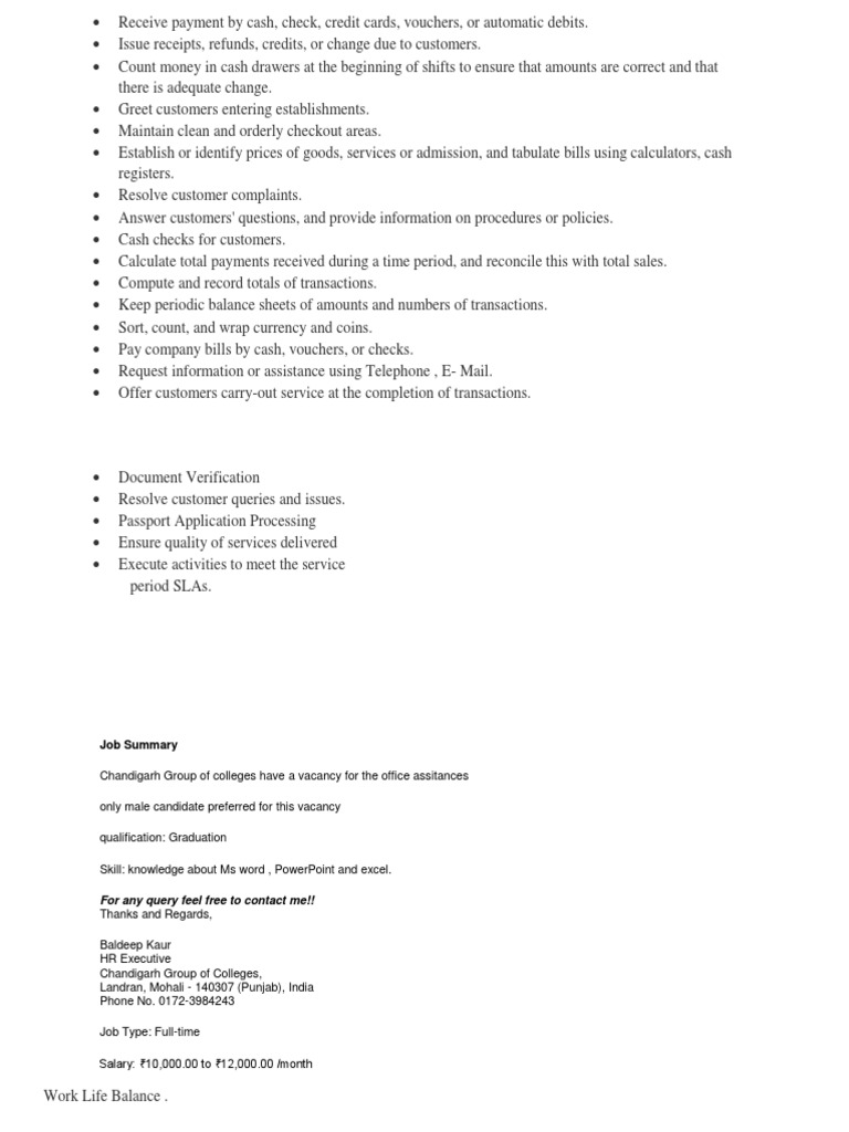 Cashier Job Description PDF Loans Cheque