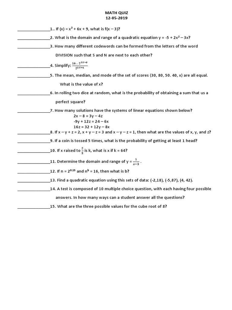 Math Quiz Dec 5 Mean Equations