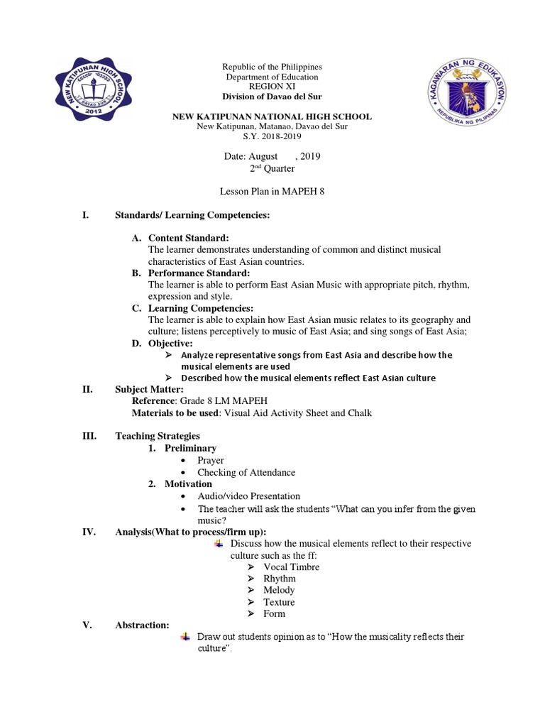 MAPEH 8 East Asian Music Lesson Plan | PDF | Lesson Plan | Learning