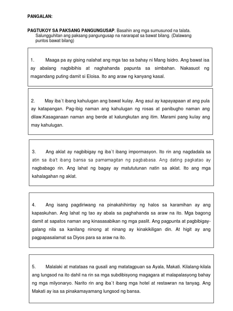 Pagtukoy Sa Paksang Pangungusap PDF | PDF