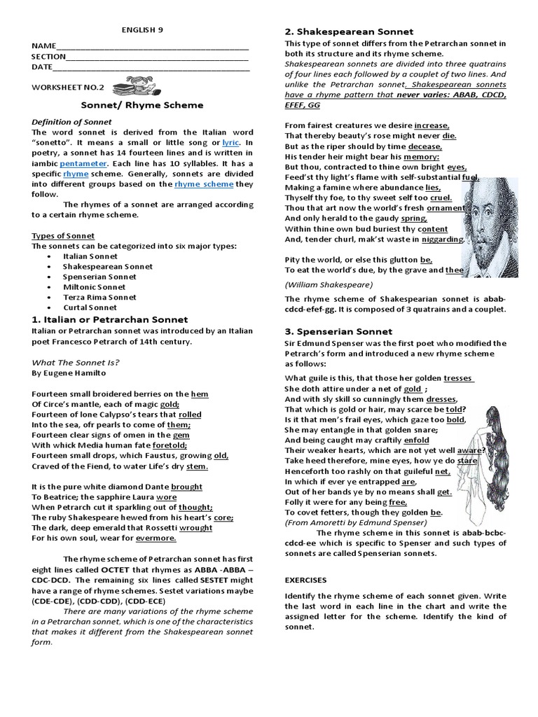 Worksheet No 2 Rhyme Scheme Sonnets Stanzaic Form