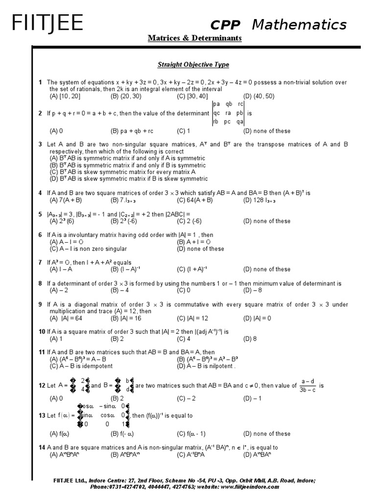 Quiz Matrices Determinants 1 Determinant Matrix Mathematics