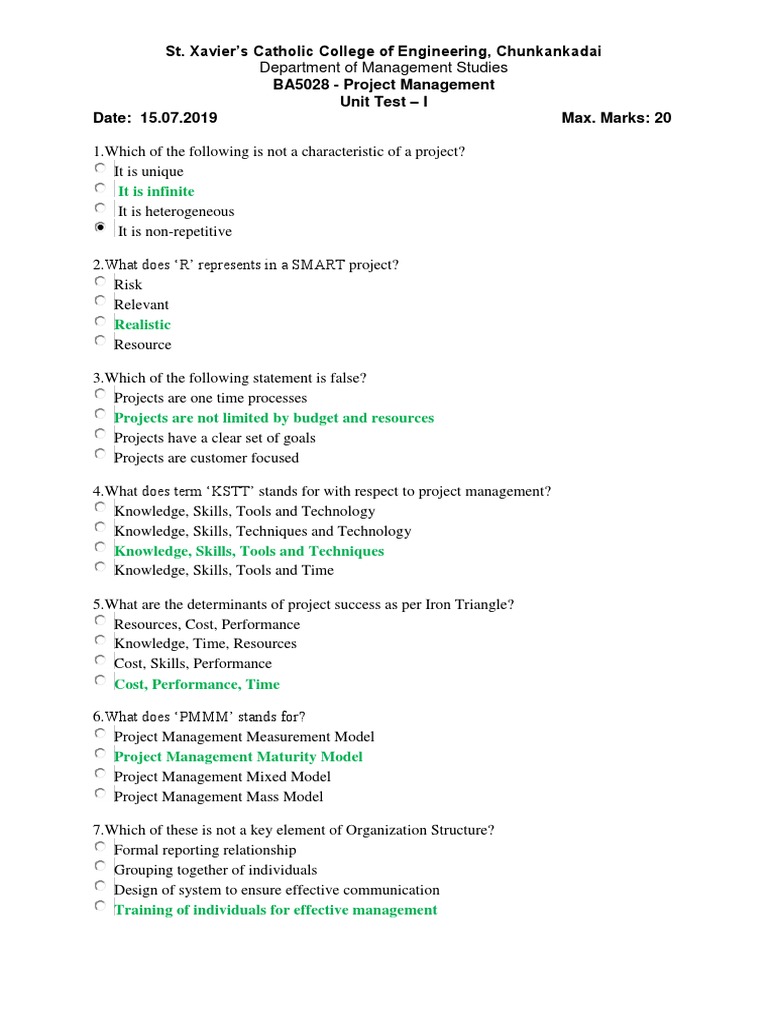 Project Management Unit Test Questions | PDF | Project Management ...