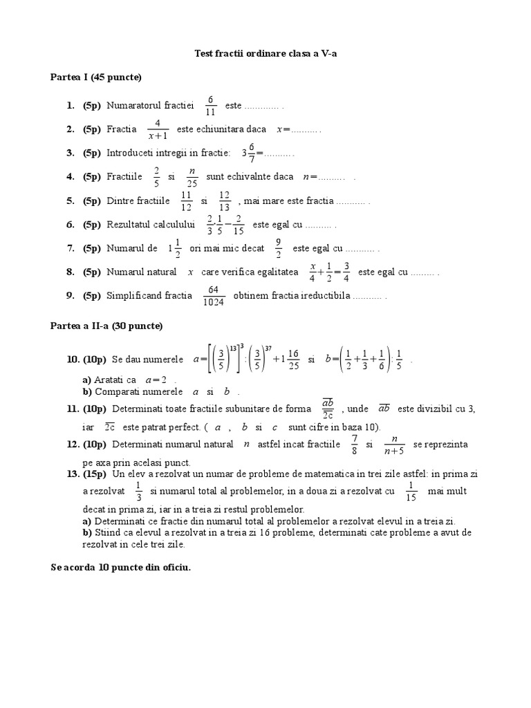 Exercitii Cu Fractii Clasa 5 Pdf Test Fractii Ordinare Cls 5 PDF | PDF