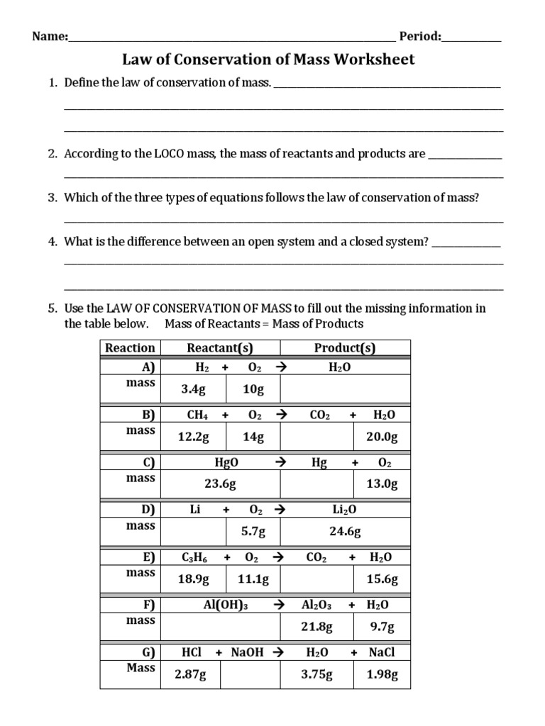Law of Conservation of Mass WKST  Properties Of Water  Chemical For Conservation Of Mass Worksheet