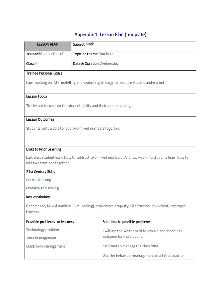 Grade 4 Lesson Plan: Adding Mixed Numbers | PDF | Lesson Plan ...