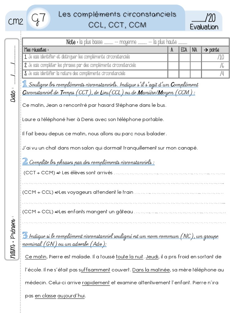 Les Compléments Ce2 Exercices Pdf G7Eval Les Complements Circonstanciels PDF | PDF | Syntaxe | Mécanique du  langage