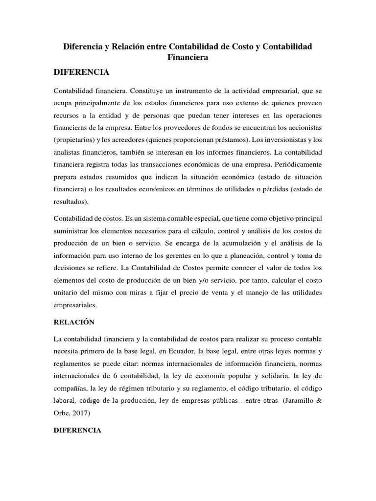 Diferencias entre Contabilidad Financiera y de Costos | PDF ...