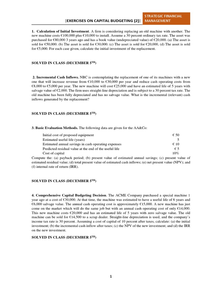 Capital Budgeting Exercises And Solutions Pdf Depreciation