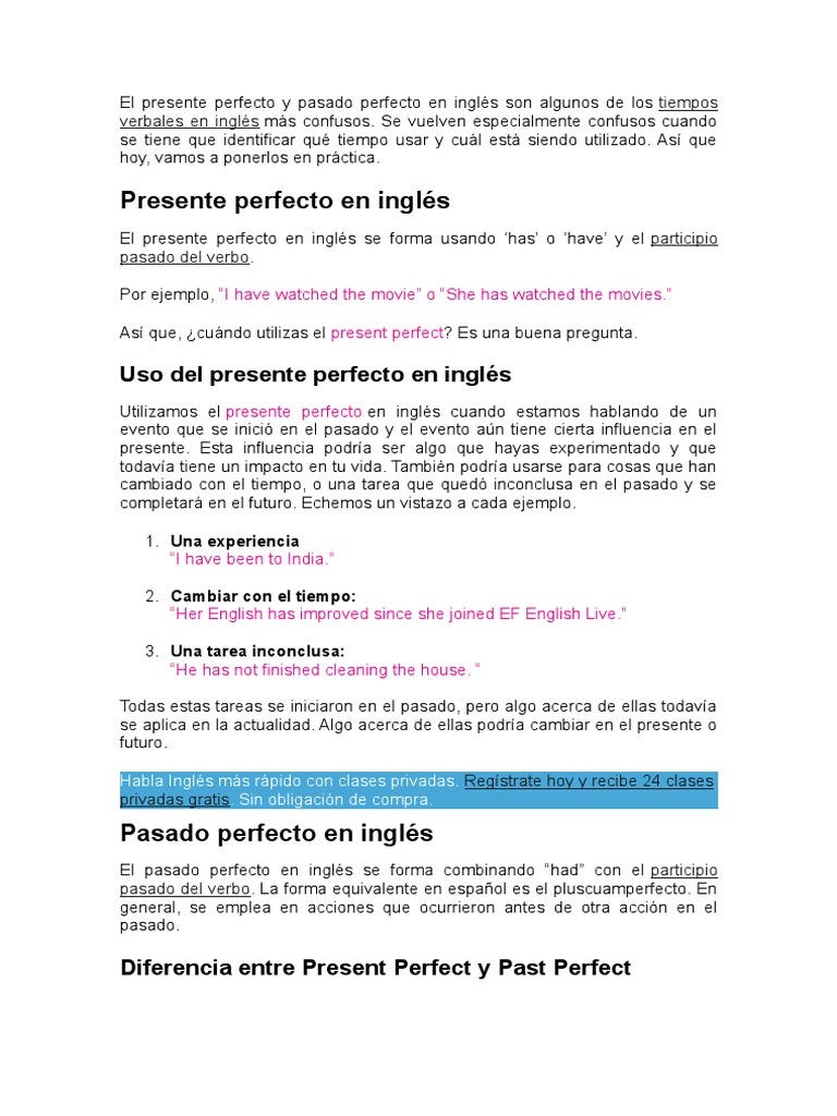 El Presente Perfecto y Pasado Perfecto en Inglés Son Algunos de Los ...
