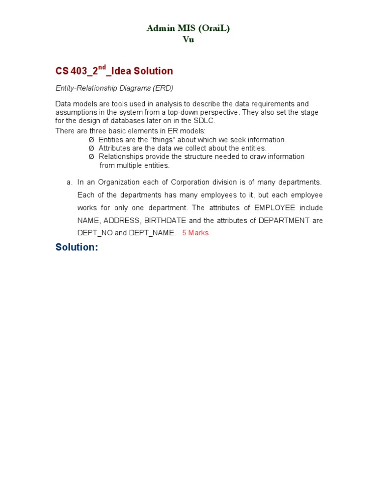 Cs 403 - 2 - Idea Solution: Admin Mis (Orail) Vu | PDF | Data Model ...