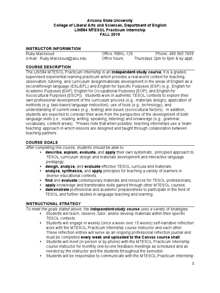 LIN584 MTESOL Practicum Overview | PDF | English As A Second Or Foreign ...