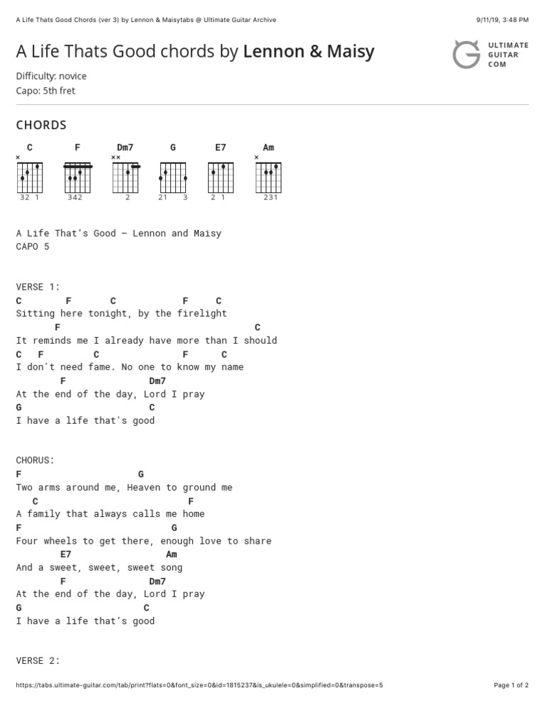 A Life Thats Good Chords Ver 3 By Lennon Maisytabs At Ultimate Guitar Archive Pdf Necked Lutes Musical Compositions