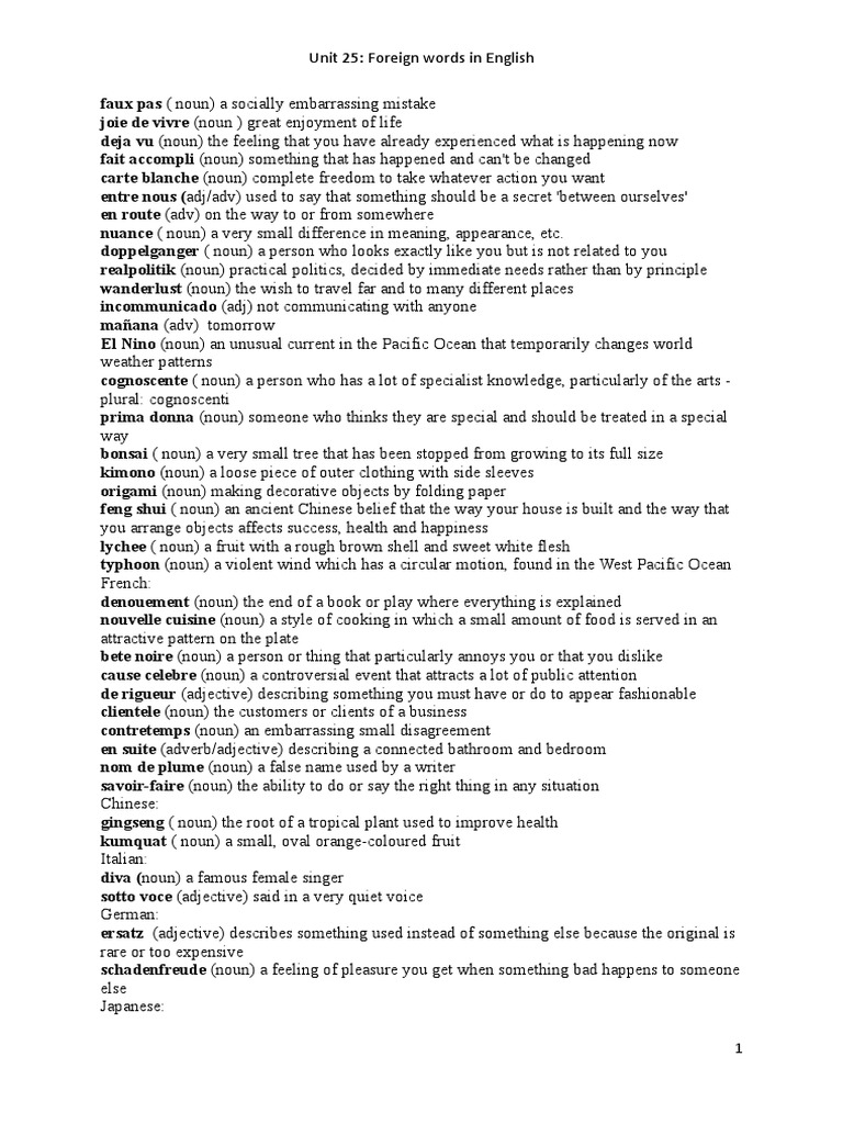 Foreign Words in English PDF Adjective Noun