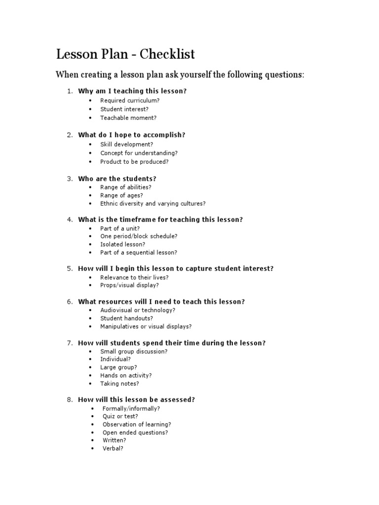 Lesson Plan Checklist PDF Lesson Plan Learning