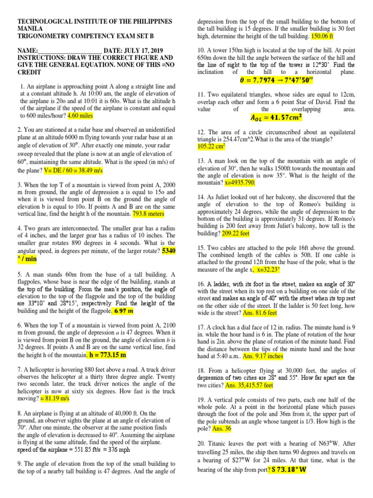 Trigonometry Competency Exam SET B Key To Correction July 2019 2019 07 ...