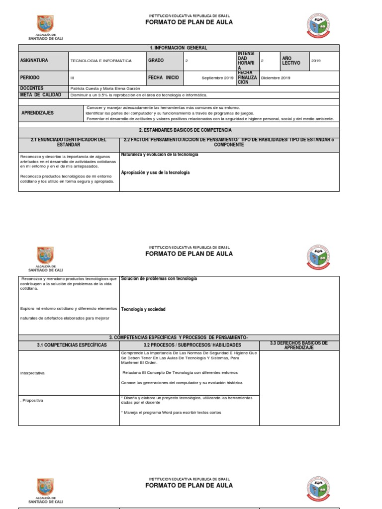 Formato de Plan de Aula Grado Segundo Iii P2019 | PDF | Salón de clases ...