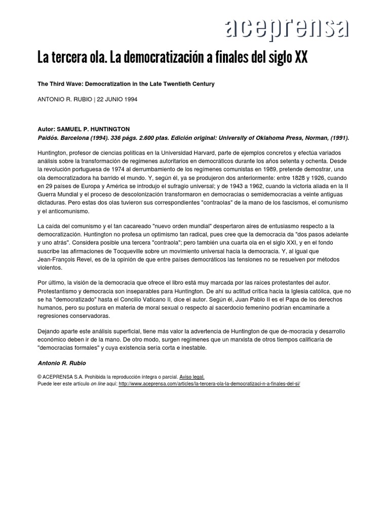 La Tercera Ola La Democratizaci N A Finales Del Si PDF PDF