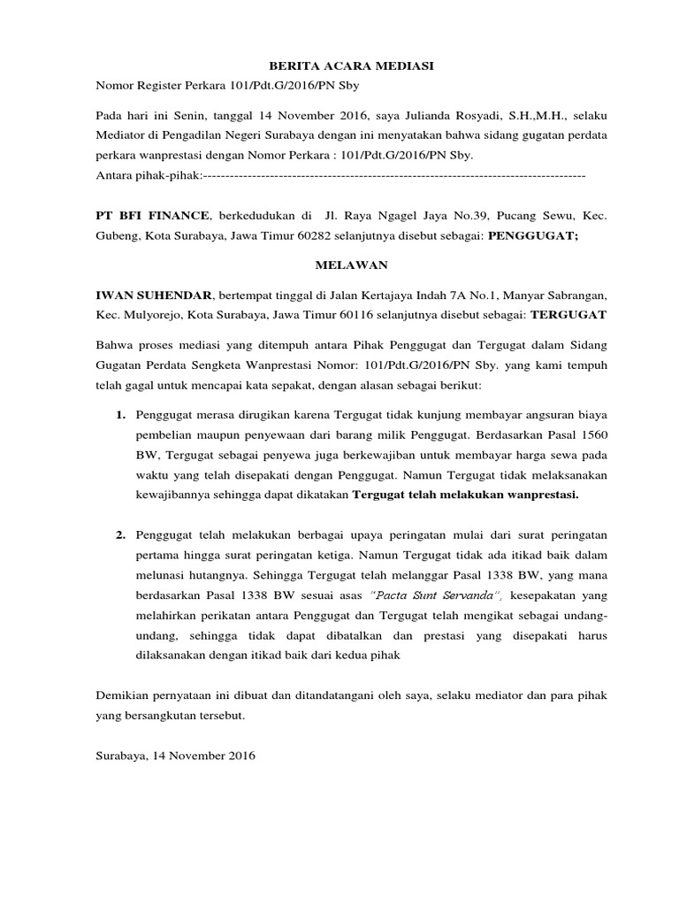 Contoh Berita Acara Mediasi