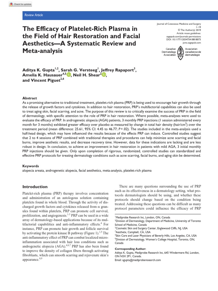 The Efficacy Of Platelet Rich Plasma In The Field Of Hair Restoration And Facial Aesthetics A Systematic Review And Metaanalysis Evidence Based Medicine Randomized Controlled Trial