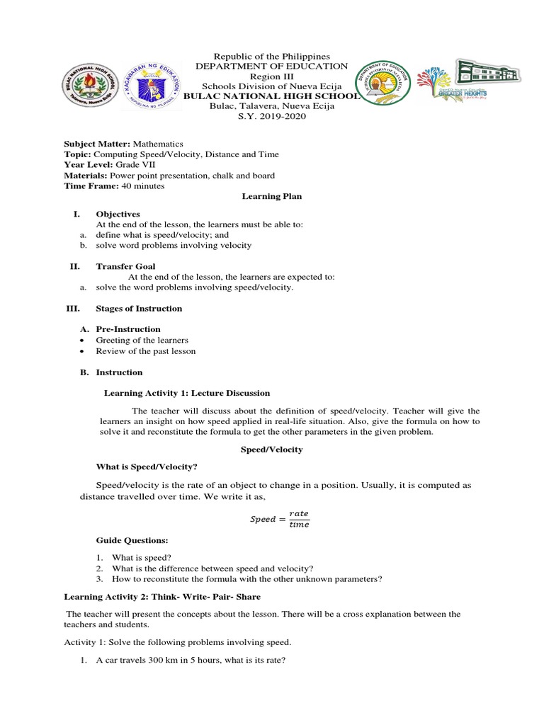 Lesson Plan For Speed PDF Speed Lesson Plan