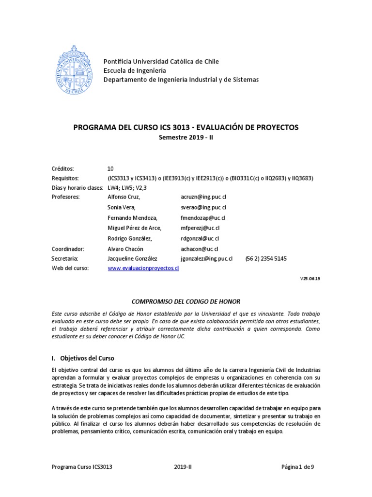 Programa Curso ICS3013 - Evaluacion de Proyectos 2019 II PDF | PDF ...